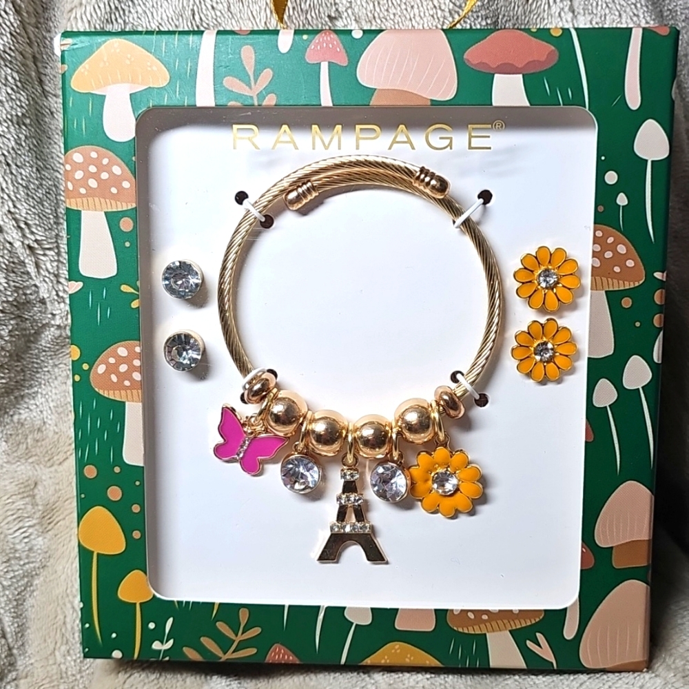 NEW Rampage Paris Charm Bracelet Bangle Earring Gift Set (2 Pairs!) Spring N9